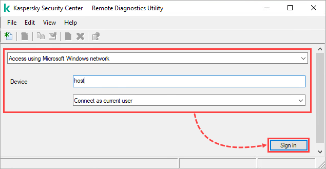 Connecting to a remote device using Microsoft Windows network in the klactgui tool.