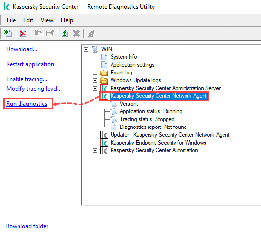 The klactgui tool window with the Run diagnostics item highlighted.
