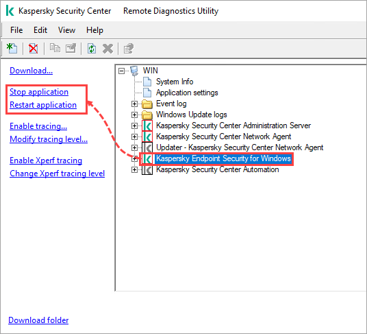 The klactgui tool window with the Stop application and Restart application items highlighted.