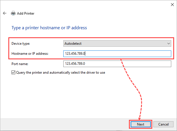 Add Printer menu with the IP address entered