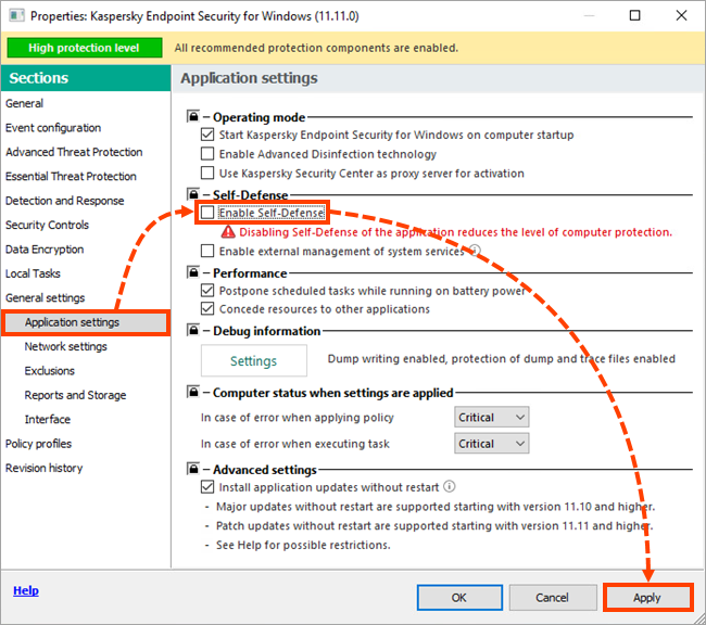 Disabling Self-Defense in the ‘Properties’ window of Kaspersky Endpoint Security for Windows.