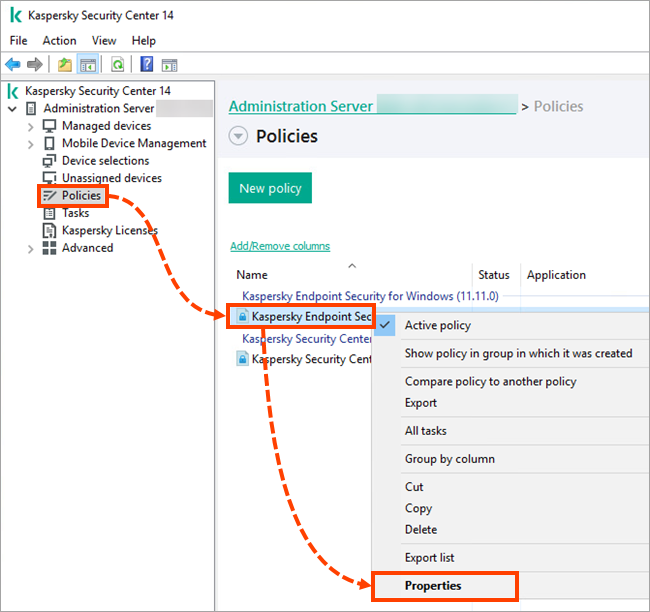 Opening the Kaspersky Endpoint Security for Windows properties in the ‘Policies’ section.