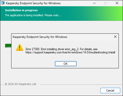Driver Error Example Error 27300 when installing drivers in Kaspersky Endpoint Security for ...