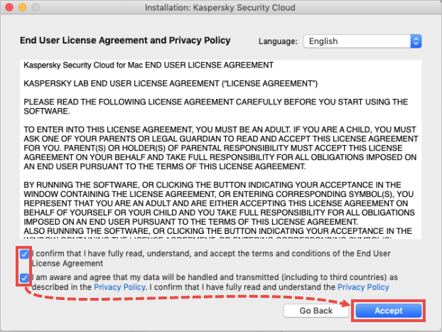 The License agreement and privacy policy window