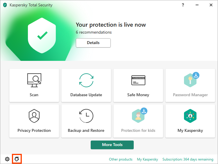 Opening the ‘Support’ window of a Kaspersky application.