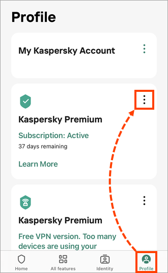 Opening the subscription details in a Kaspersky application.