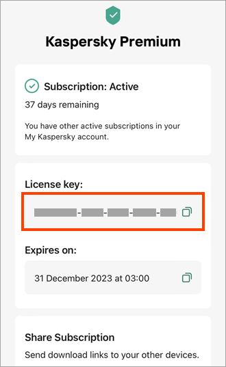 The license key in a Kaspersky application.