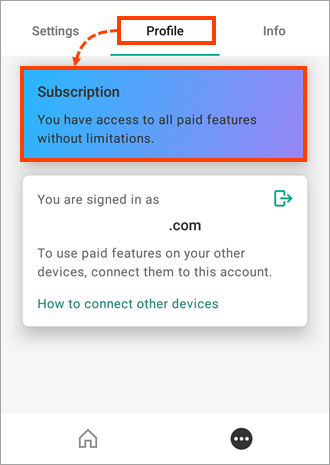 Proceeding to the subscription information in a Kaspersky application.