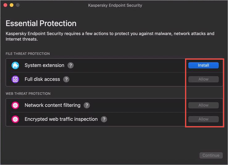 The Essential Protection window in Kaspersky Endpoint Security 11 for Mac