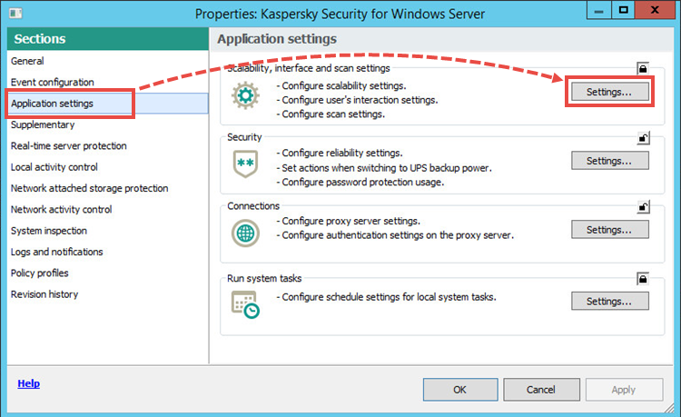 The Properties window of the Kaspersky Security for Windows Server policy.