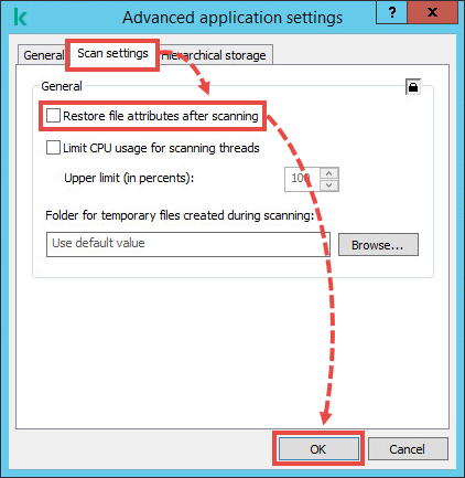 Clearing the ‘Restore file attributes after scanning’ check box in the Kaspersky Security for Windows Server policy.