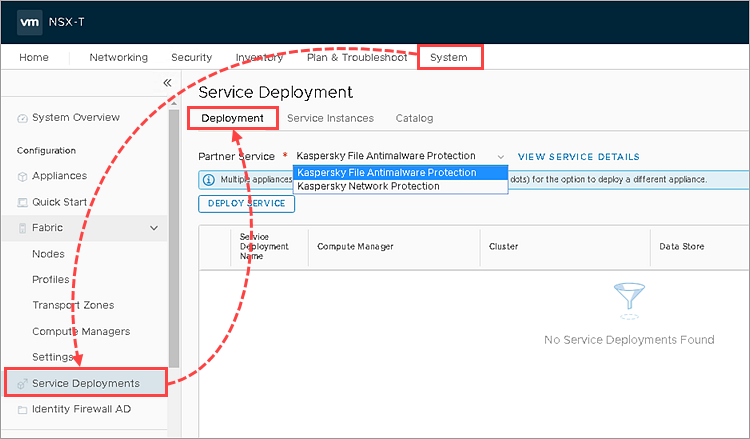VMware NSX Manager web console with a path to the Deployment item.