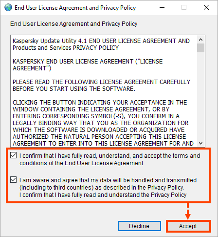 License agreement and Privacy policy window in Kaspersky Update Utility 4.0