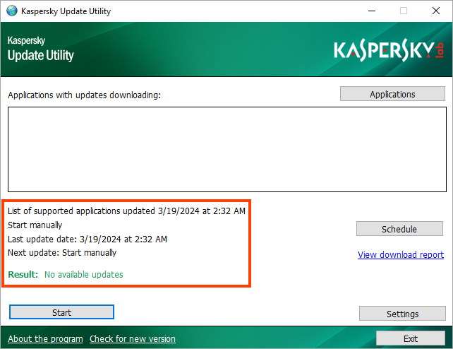 The Kaspersky Update Utility 4.0 window after the start.