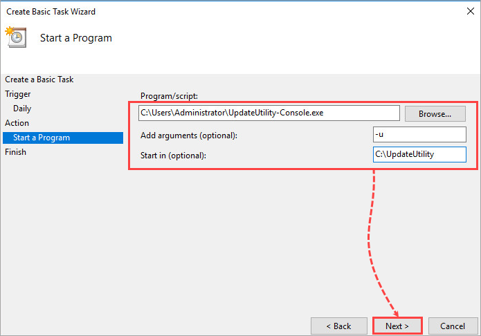 Configuring the startup of Kaspersky Update Utility 4.0 in Microsoft Windows Task Scheduler