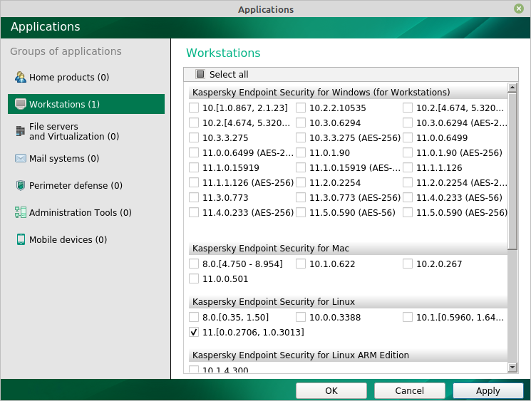 The Applications window in Kaspersky Update Utility 4.0 for Linux