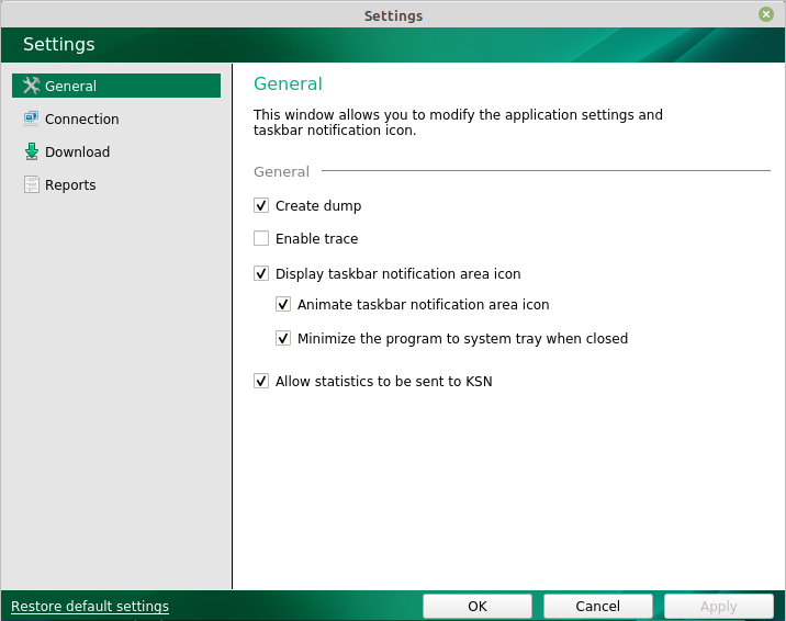 The General section of Kaspersky Update Utility 4.0 for Linux settings