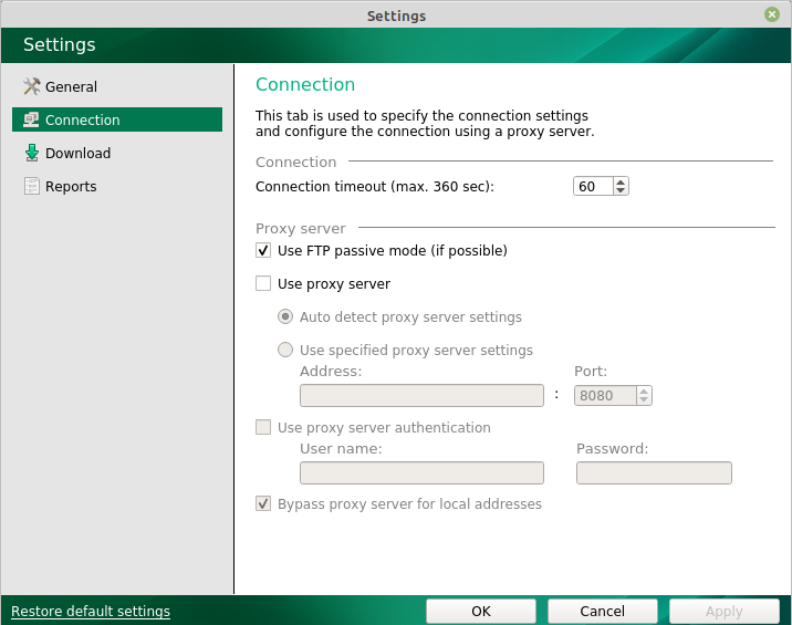 The Connection section of Kaspersky Update Utility 4.0 for Linux settings