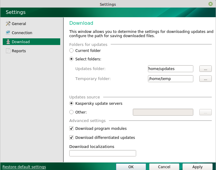 The Download section of Kaspersky Update Utility 4.0 for Linux settings