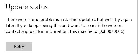 Update error in the Windows Update service. The error code is 0x80070006.
