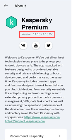 The application version number of a Kaspersky application for Android.