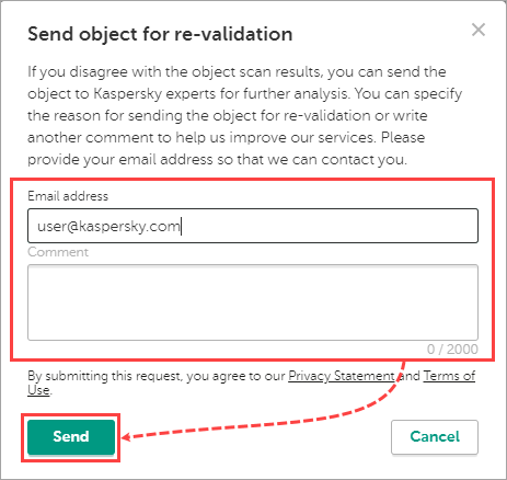 Entering an email address and sending a file for research to Kaspersky Threat Intelligence Portal