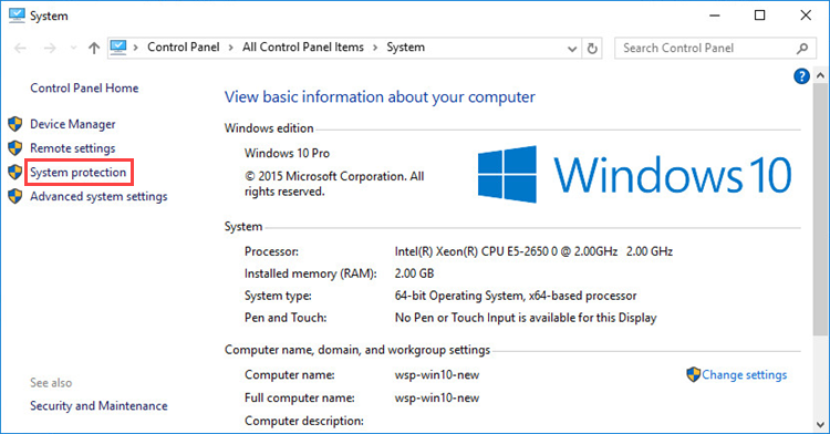 Opening system protection properties in Windows 10