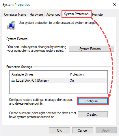 Opening system protection settings in Windows 10