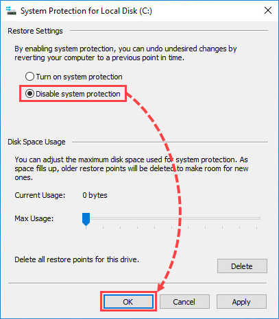 Disabling system protection in Windows 10