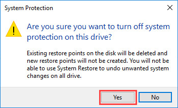 Confirming the disabling of system protection in Windows 10