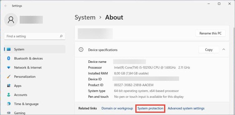 Opening system protection in Windows 11