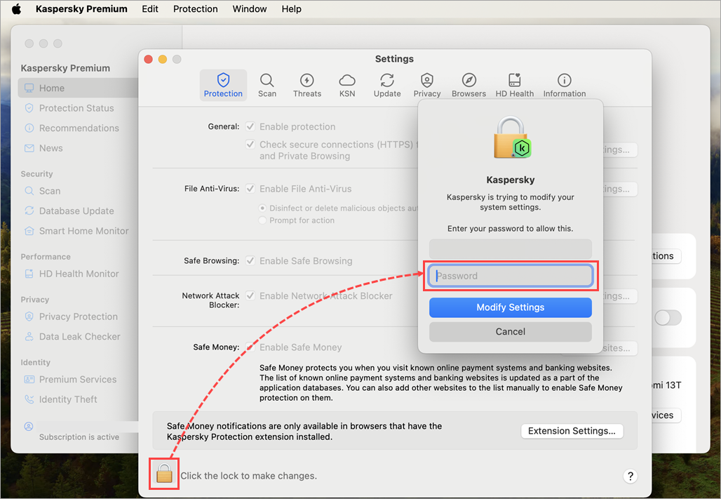 Unlocking the Kaspersky for Mac settings.