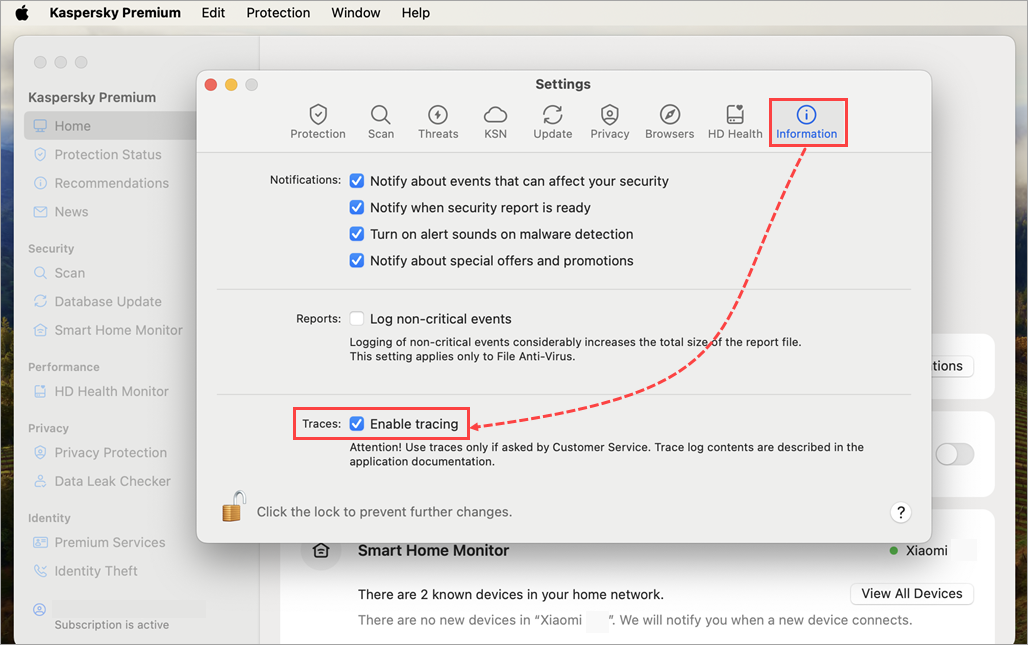 Enabling tracing in Kaspersky for Mac.