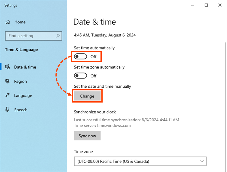 Proceeding to date & time adjusting in Windows 10.