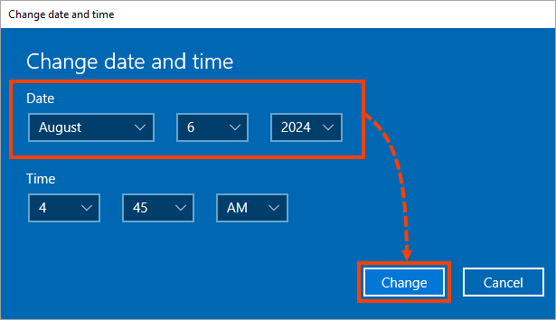 Adjusting the system date and time in Windows 10.