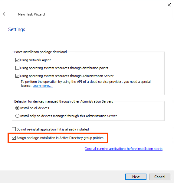 The Assign Package Installation in Active Directory group policies checkbox in the New Task Wizard