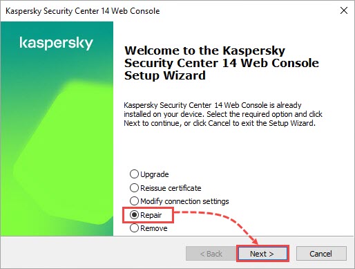 Repairing Kaspersky Security Center Web Console in the Setup Wizard