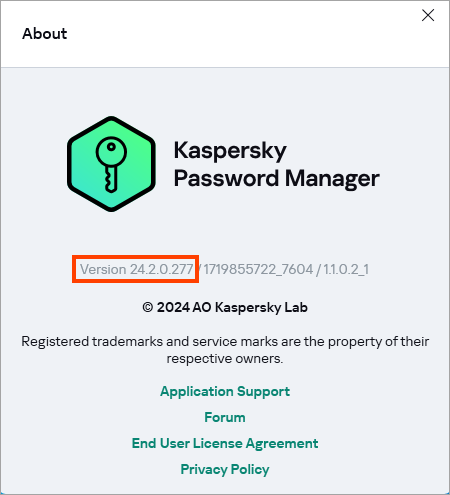 Viewing the version of Kaspersky Password Manager for Windows