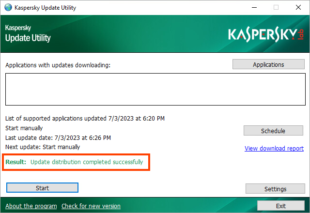 The main Kaspersky Update Utility 4.0 window showing the update copying results