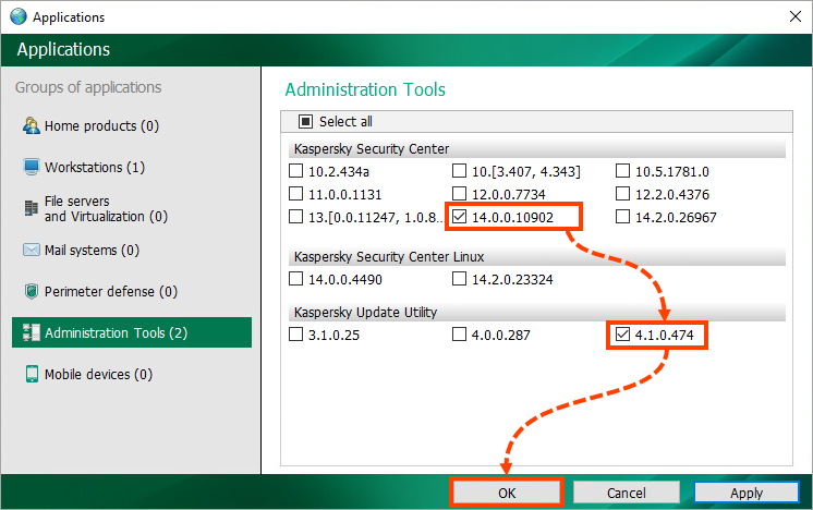 Selecting Administration tools for updating in Kaspersky Update Utility 4.0 for Windows