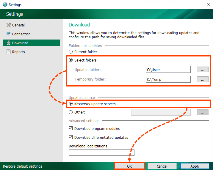 Configuring the folders and update sources in Kaspersky Update Utility 4.0 for Windows