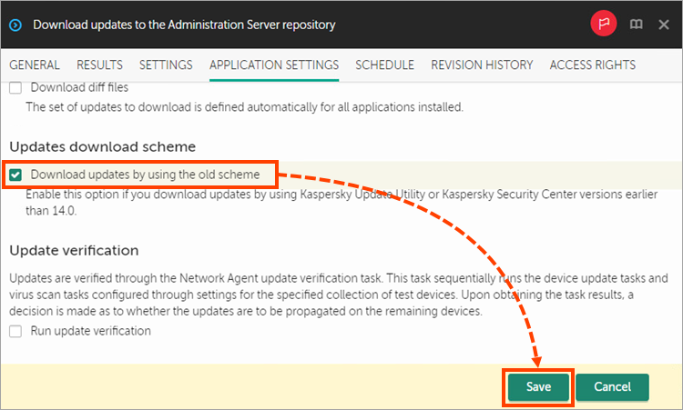 Enabling Updates download scheme in the Application settings tab