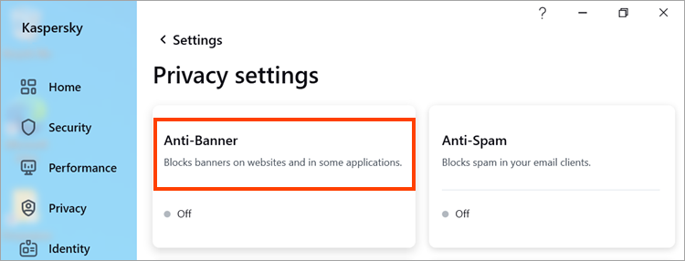 Opening the “Anti-Banner” block in the “Privacy settings” window of Kaspersky for Windows
