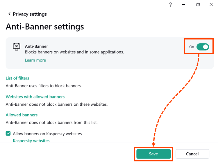 Enabling “Anti-Banner” in the “Anti-Banner settings” window of Kaspersky for Windows