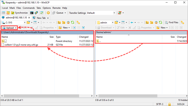 Uploading the diagnostic script via the graphical WinSCP client.