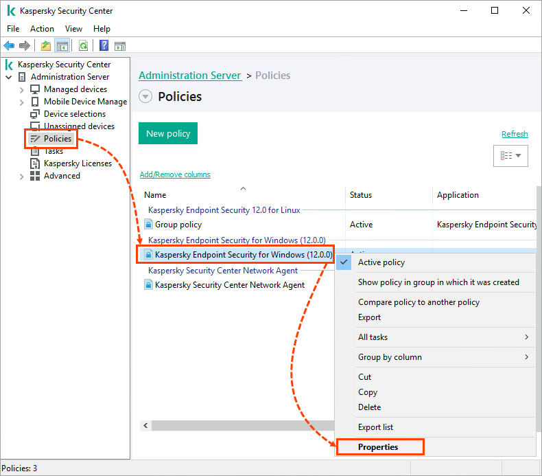 Opening properties of the Kaspersky Endpoint Security for Windows policy.