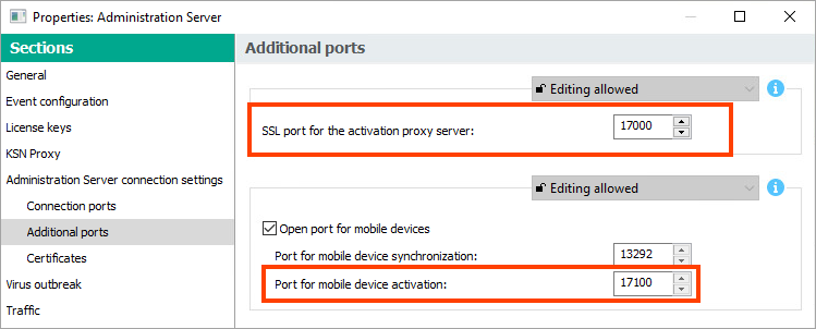 Checking the network ports used for the activation proxy server and for mobile device activation.