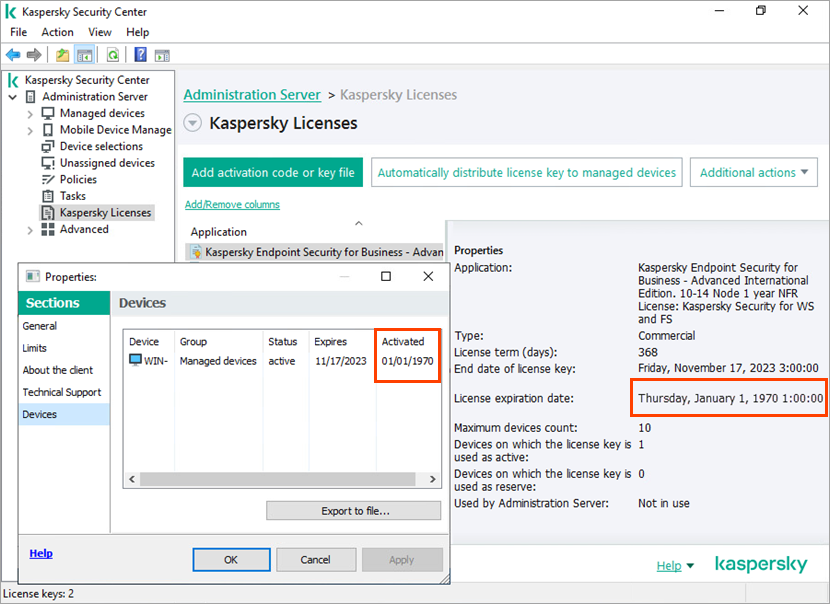 Incorrect license expiration date in Kaspersky Security Center.