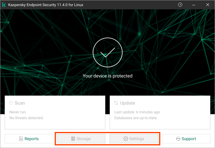 Inactive Storage and Settings buttons in Kaspersky Endpoint Security for Linux.