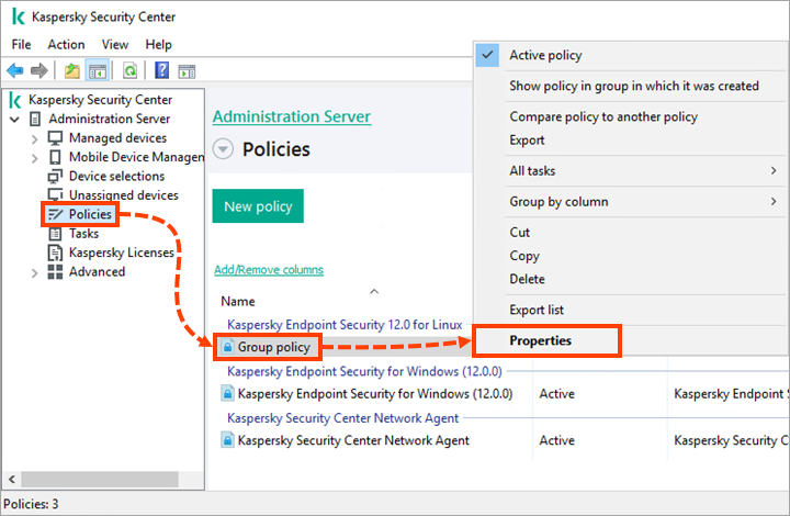 Opening the Kaspersky Endpoint Security for Linux group policy properties in Kaspersky Security Center.